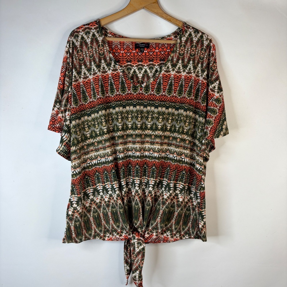 Cocomo Woman Top Women 2X Orange Tribal Print V-Neck Front Tie Short Sleeve